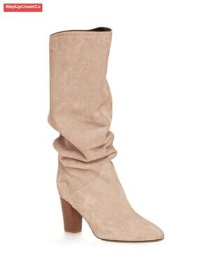 Coutgo Wide Calf Knee High Slouchy Boots Pointed Toe Kitten Heel Pull On